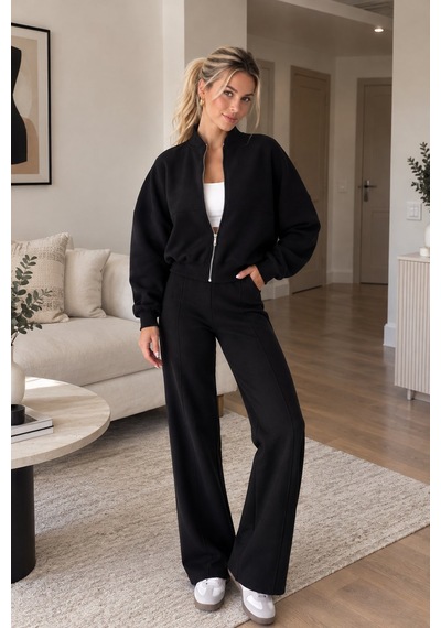 Lima Siyah Kadın Fermuarlı Dik Yaka Eşofman Takımı Oversize Sweatshirt Ve Bol Paça Pantolon İkili Takım
