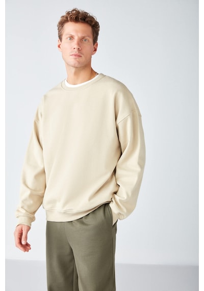 Grimelange Stephan Erkek Yumuşacık Kumaşlı Organik Pamuklu Oversize Fit Yuvarlak Yakalı Bej Sweatshirt