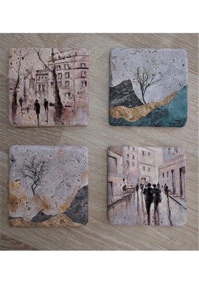 Modern Şehir Ve Manzaralar Doğal Taş Bardak Altlığı 4'lü Set - Natural Stone Coasters - Taş Çok Renkli