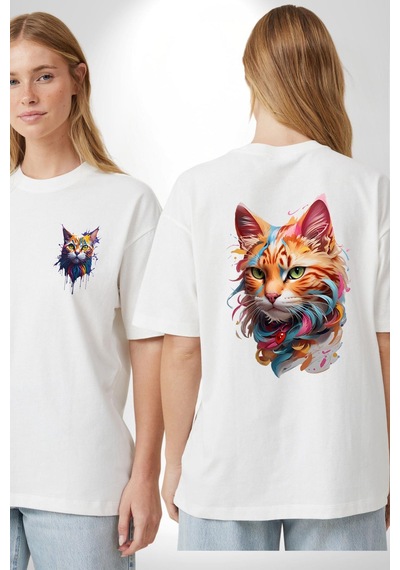 Hayvan Kedi Sanat Potre Beyaz Oversize Unisex Ön Ve Sırt Baskılı Tişört Beyaz
