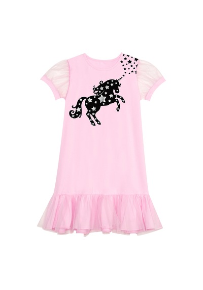Denokids Yıldızlı Unicorn Kız Çocuk Pembe Tüllü Fırfırlı Yazlık Elbise
