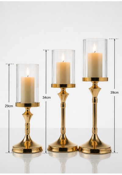 Lumina Gold Royale Şamdan Seti Sırasıyla 39 - 34 - 29cm / Dekoratif Masa Şamdanı Salon & Yemek Masası Mumluk Eskitme Gold