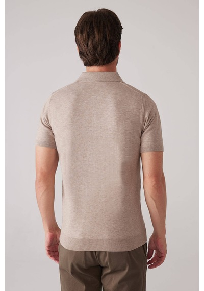 Erkek Vizon Slim Fit Yarım Fermuarlı Pamuk-kaşmir Polo Tişört