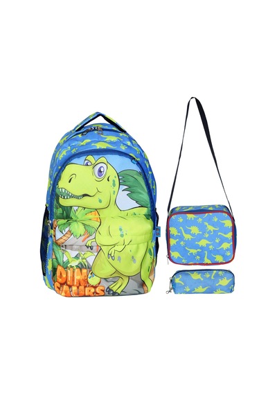 İlkokul Okul Ortaokul Sırt Çantası Kız Erkek Unisex Beslenme Çantalı Kalemlikli Ortopedik 3lü Set Dinozor Okul Çantası Mavi Yeşil