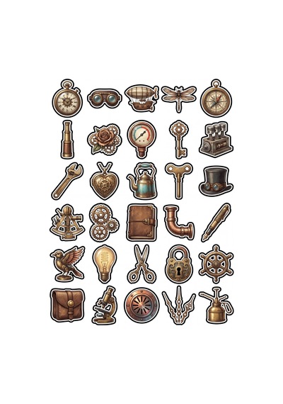 30 Adet Vintage Steampunk Obje Sticker Seti - Laptop Defter Telefon İçin Çok Renkli