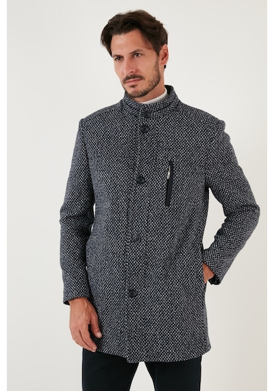 Buratti Düğmeli Dik Yaka Kırçıllı Slim Fit Kaşe Erkek Kaban 5841016 Lacivert Noktalı