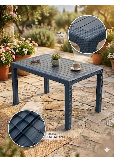 Evko Mobilya Rattan 80x140 Masa, Plastik Masa, Bahçe Balkon Teras Masası, Kare Masa, Dış Mekan Masası Antrasit