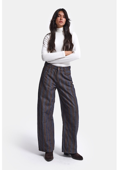 Kadın Kahve Çizgili 1w6-7 Barrel Fit Bol Kesim Tasarım Denim Pantolon