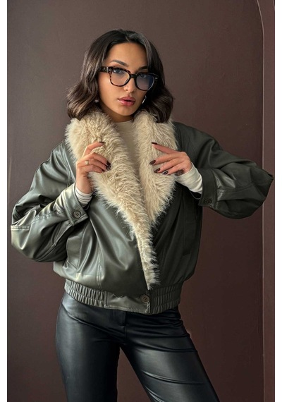 Verymoda Yakası Kürklü Kruvaze Deri Mont F2050 Haki
