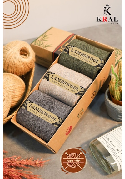 Kral Socks Erkek Koyun Yünlü Lambswool Kışlık 3'lü Kutulu Dikişsiz Çorap Asorti2
