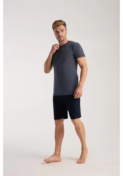 Erkek Lacivert Sıfır Yaka Kısa Kol Şortlu Pijama Takımı