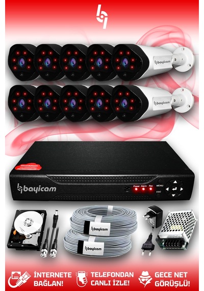 Bayicam 10 Kameralı Uzay 10 Dış Kamera Set 320 GB HDD Full HD Gece Görüşlü Güvenlik Kamerası Sistemi