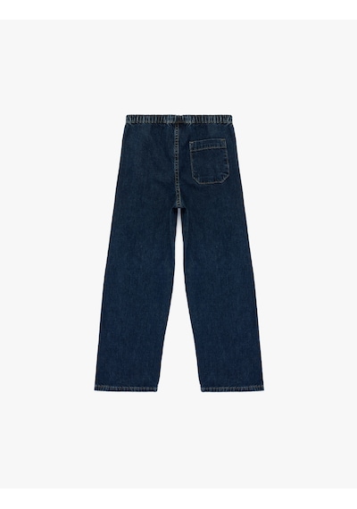 Koton Pamuklu Beli Bağcıklı Geniş Paça Denim Pantolon Koyu İndigo 6skg40033ad Koyu Indigo