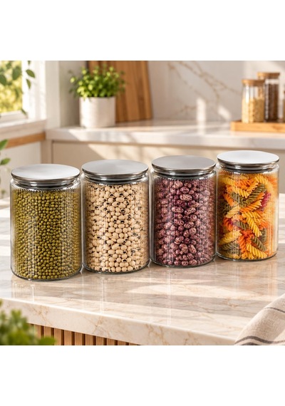 Tr S-2087 4'lü Çizgili Cam Kavanoz Seti 1500 Ml Metal Vakum Kapaklı Mutfak Kiler Erzak Ve Bakliyat Saklama Kabı Genel