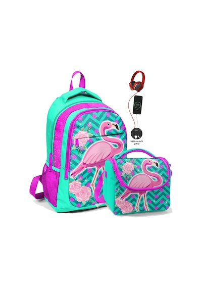 Coral High Okul Sırt Çantası Ve Beslenme Çantası Seti - Kız Çocuk Pembe Flamingo - Usb Soketli Çok Renkli