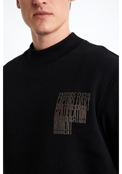 Grımelange Chasey Erkek Organik Pamuklu Dik Yaka Içi Polarlı Baskılı Siyah Sweatshirt