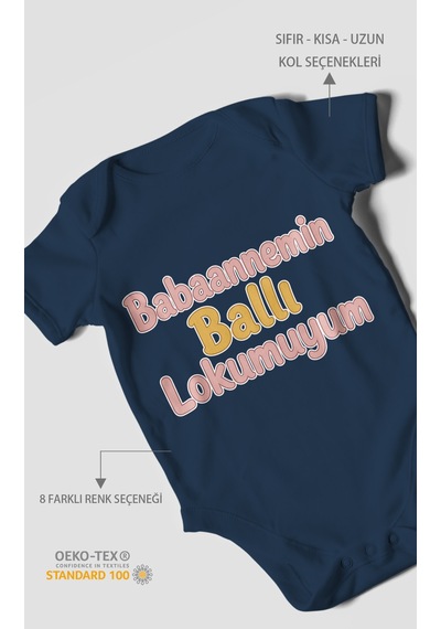 Morivokids Babaannemin Ballı Lokumuyum Kısa Kollu Bebek Body %100 Pamuk Lacivert