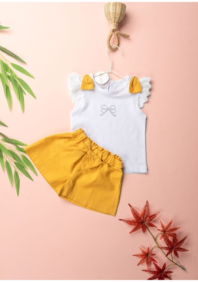 Novy Baby Fiyonklu Taş Baskılı Tshirt Şortlu Kız Çocuk 2'li Takım 2-5 Yaş