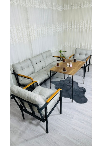 Madame Home Açelya Balkon, Bahçe, Cafe - Salon - Metal Kanepe Koltuk Takımı 3+1+1 + Masa Açık Gri