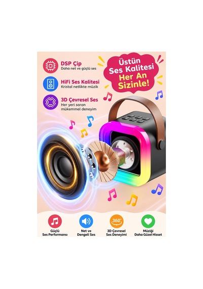 Robeve Blic 2 Mikrofonlu Çocuk Karaoke Hoparlör Ve Bluetooth Hoparlör Led Işıklı Mini Karaoke Seti, 6 Farklı Ses Efekti, Uzun Pil Ömrü, Taşınabilir Çocuk Mikrofonu Ve Çocuk Müzik Aleti Siyah