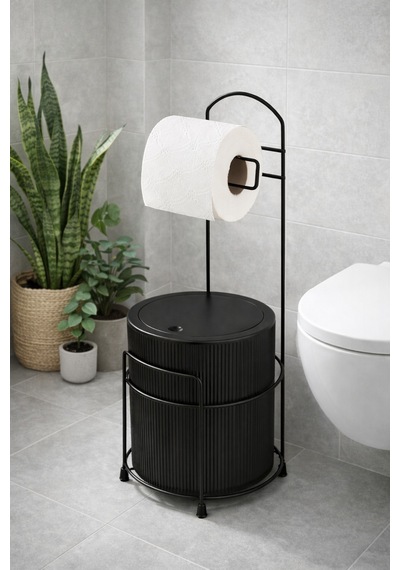 Lüx Banyo Wc Tuvalet Kağıtlığı Çöp Kovası Takım Plastik Kova 6 Litre Paslanmaz Tel Siyah