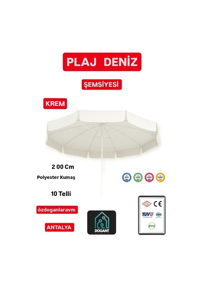 Dogant Eğilebilir Branda Kumaş Krem Plaj Havuz Bahçe Balkon Şemsiyesi 2 Metre 10 Telli Dayanıklı