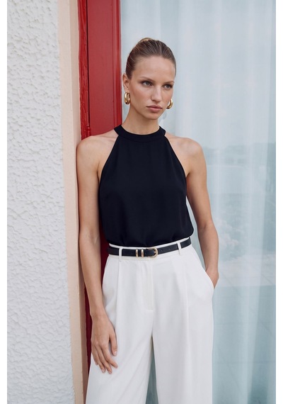 Sateen Halter Yaka Bluz - Siyah-137728