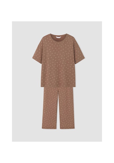 Lcw Dream Kahverengi Bisiklet Yaka Desenli Kadın Kaprili Pijama Takımı