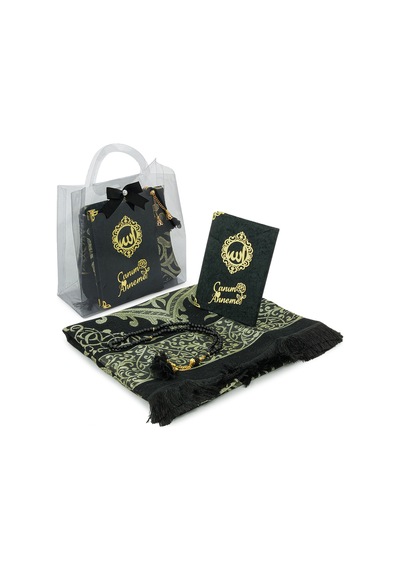 Anneler Gününe Özel Çantalı Kadife Kaplı Yasin Kitabı Tesbih Seccade Seti Siyah