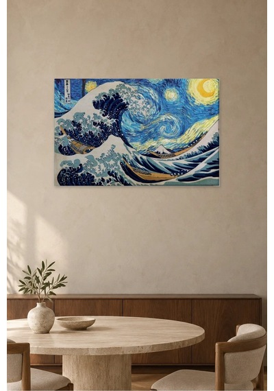 Fida Yıldızlı Gece İle Büyük Dalga Buluşması Canvas Tablo Çok Renkli