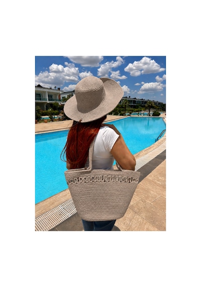 Zeora Home Kadın Jüt Hasır Görünümlü Plaj Çantası Ve Geniş Kenarlı Şapka Seti Yazlık Tatil Omuz Çantası Plaj Kombini Vizon Vizon