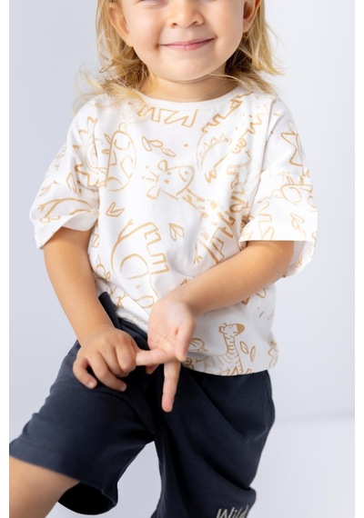 Mininio Zeyland Erkek Bebek Hayvan Desenli T-shirt - 6249 - Ekru