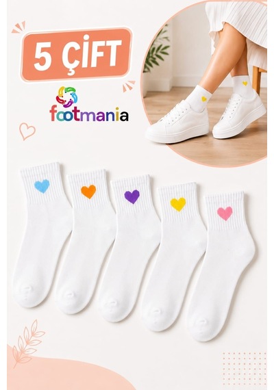 Footmania 5çift Kalp Desenli Kadın Yarım Konç Çorap Extra Soft Beyaz