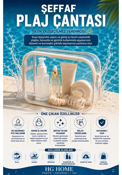 Hig Home Su Geçirmez Şeffaf Plaj Çantası Tatil İçin Organizer Beyaz