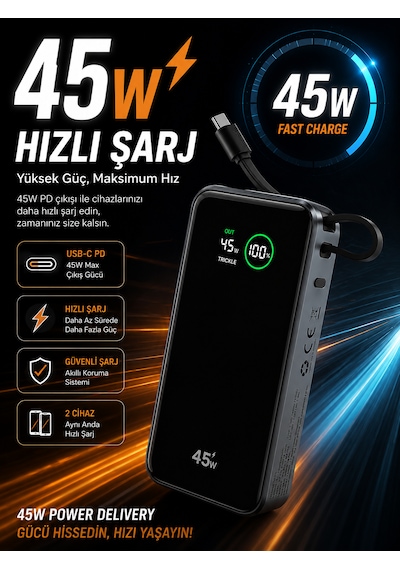 10000mah Powerbank Pd 45w Hızlı Şarj Dijital Ekranlı Dahili Type-c Kablolu Taşınabilir Şarj Cihazı Siyah