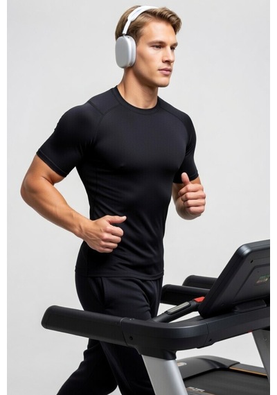 Premium Siyah Kısa Kol Compression Erkek T-shirt Spor Gym Fitness Boks Kickboks Tişört Siyah