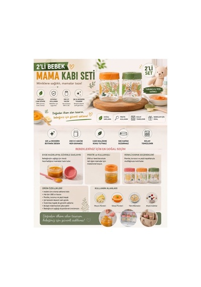 2'li Bebek Cam Mama Kabı Seti, Sızdırmaz Conta Kapaklı Cam Mama Yoğurt Gıda Kavanozu 2x200ml
