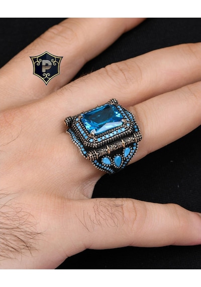 Aquamarine Taşlı Zirkon Taş Süslemeli 925 Ayar Gümüş Erkek Yüzüğü