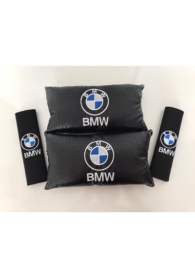 Bmw Nakışlı Deri 2 Adet Boyun Yastık Ve 2 Adet Kemer Pedi Siyah