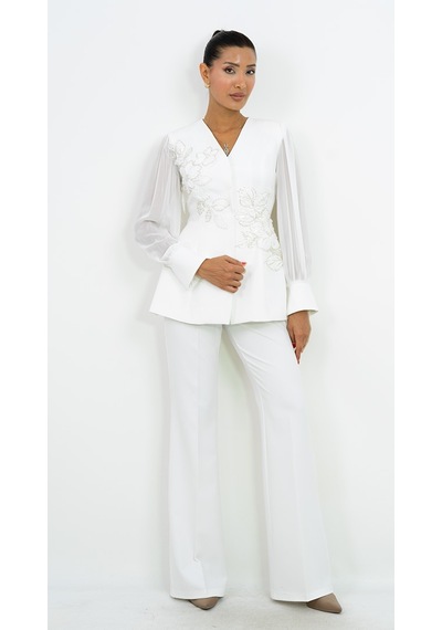 Dorne Moda Kadın İşlemeli Bluz Pantolon Takım Şifon Kol Detaylı Şık İkili Takım Beyaz Dorne Moda Kadın İşlemeli Bluz Pantolon Takım Şifon Kol Detaylı Şık İkili Takım Beyaz