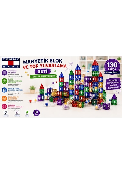 Manyetik Yapı Blokları Top Yuvarlama Seti Çocuklar İçin Renkli 3 Boyutlu 130 Parça Manyetik Oyun Seti