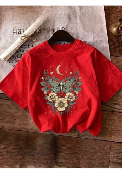 Kadın Bohem Kelebek Desenli Grafik Baskılı T-shirt Kırmızı