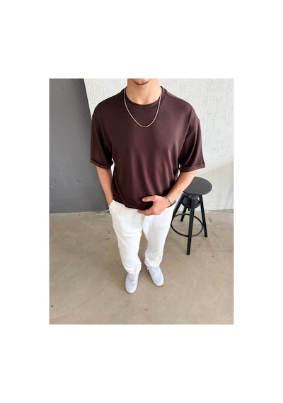 Butik İstanbul Erkek Duble Kol Basic Tişört Kahverengi