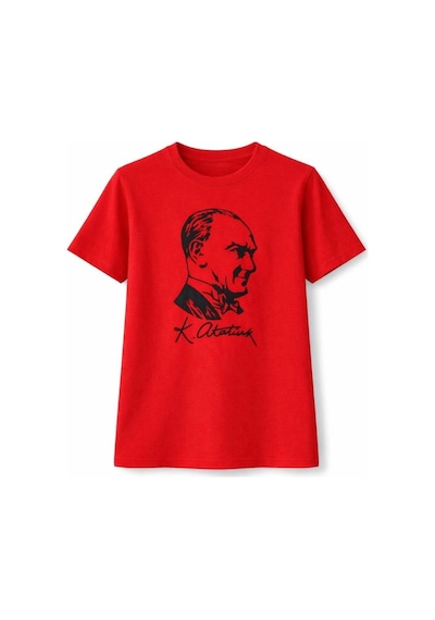 Vinevesta Kız Çocuk Atatürk Baskılı Tişört Kısa Kollu Bisiklet Yaka T-shirt - Kırmızı Çok Renkli