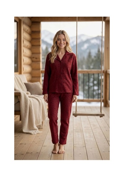 Pijamoni Kadın Süet Kumaş Önü Düğmeli Uzun Kollu Pijama Takımı Kırmızı Yıldız Desenli