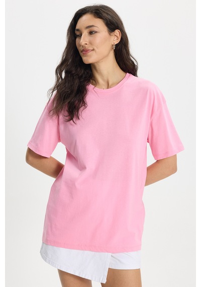 Tudors Kadın Slim Fit Dar Kesim Pamuk Kısa Kollu Bisiklet Yaka Pembe Tişört-50472 L