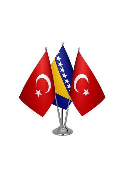 Masa Üstü Bosna Hersek Bayrağı Türk Bayrağı Üçlü Krom Direk Masa