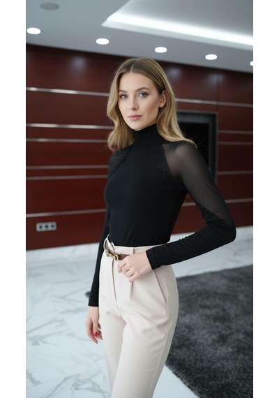 Ckm Moda Neriva Tül Detaylı Yarım Balıkçı Slim Fit Bluz Siyah