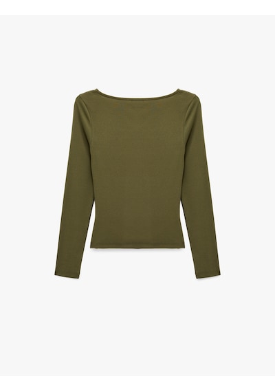 Koton Pamuklu Slim Fit Büzgülü Kayık Yaka Uzun Kollu Tişört Haki 7wal10134ık