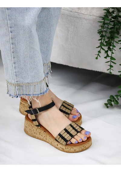 Asmi Shoes Hasır Detaylı Mantar Taban Ortopedik Taban Sandelet Siyah Siyah